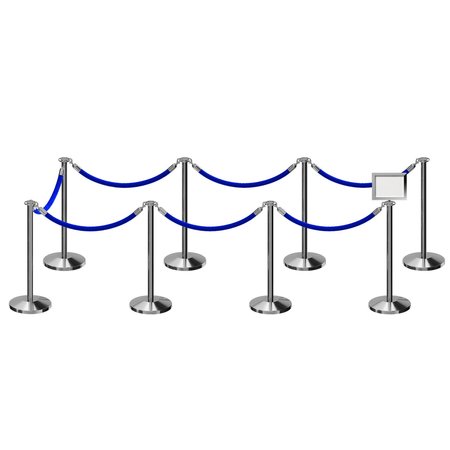 MONTOUR LINE Stanchion Post & Rope Kit Pol.Steel, 8FlatTop 7Blue Rope 8.5x11H Sign C-Kit-7-PS-FL-1-Tapped-1-8511-H-7-PVR-BL-PS